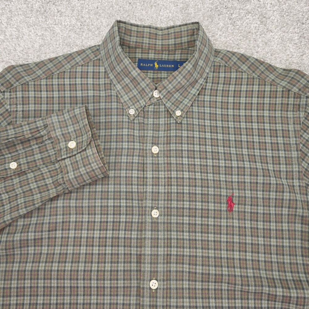 Vintage Ralph Lauren Mens Large Plaid Button Down Shirt Green Cotton Long Sleeve